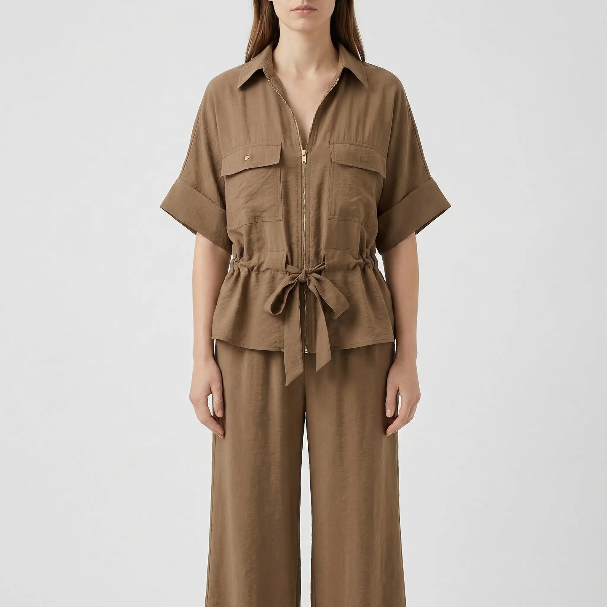 Nordspur | Summerelle Zip-Front Belted Shirt And Wide-Leg Trouser Set