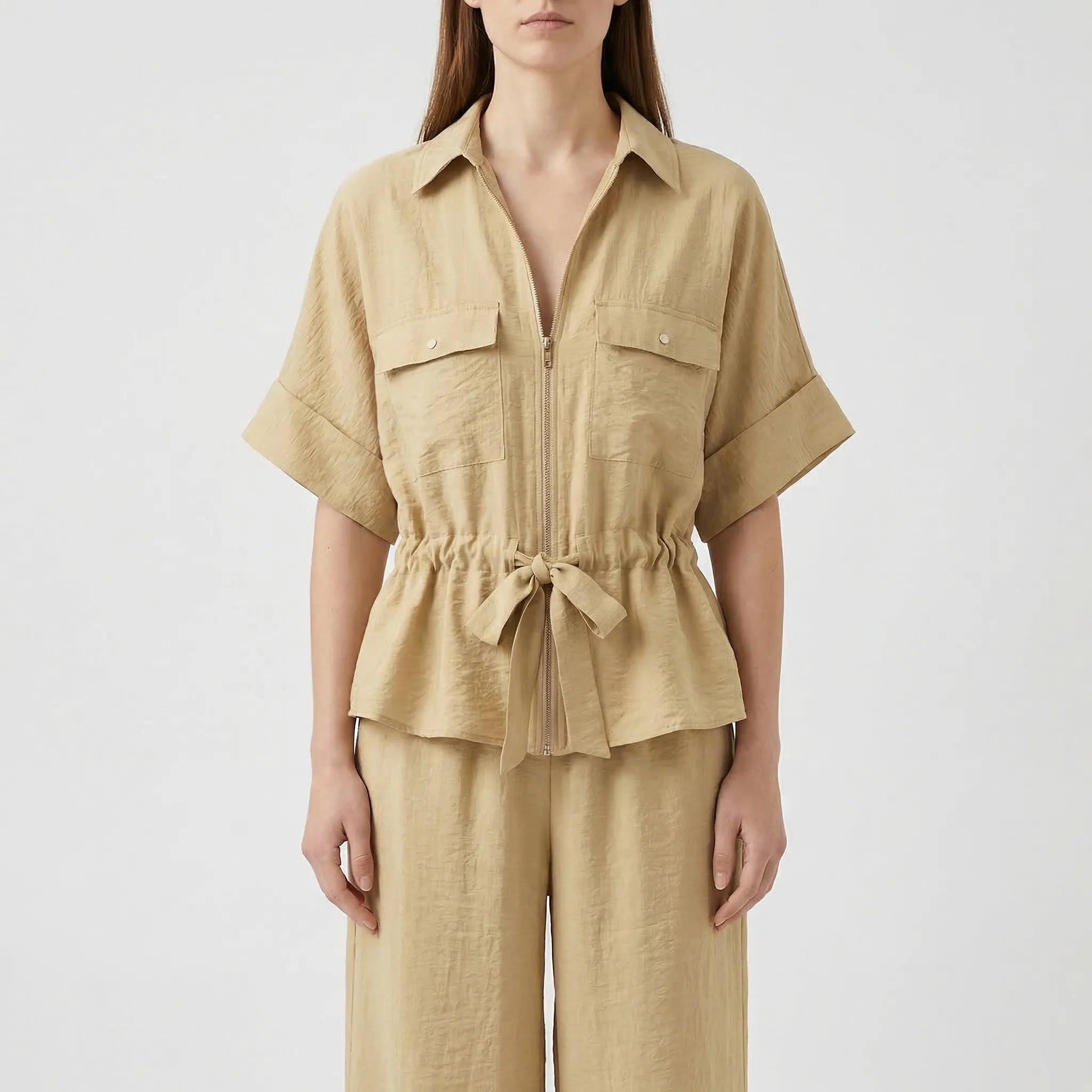 Nordspur | Summerelle Zip-Front Belted Shirt And Wide-Leg Trouser Set