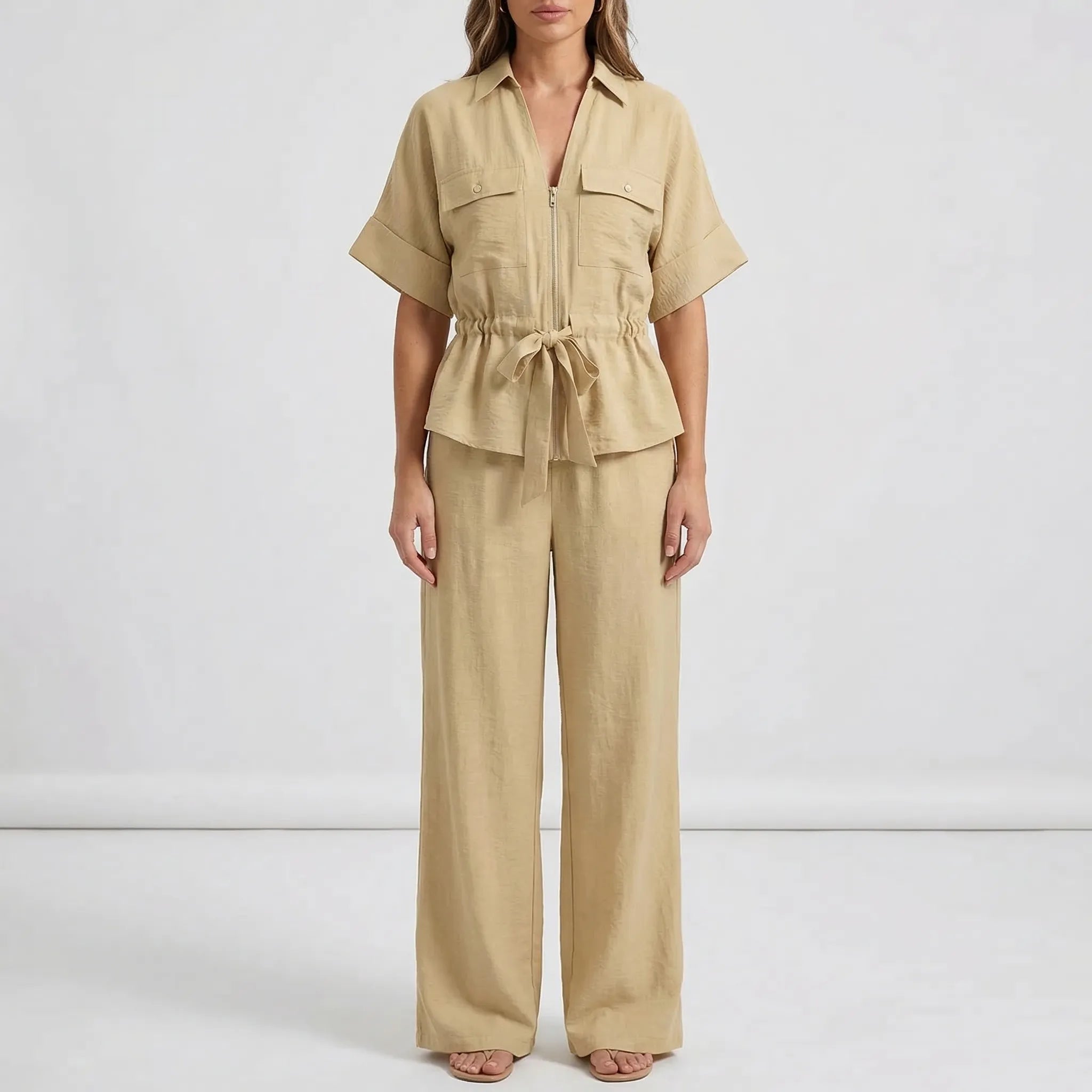 Nordspur | Summerelle Zip-Front Belted Shirt And Wide-Leg Trouser Set