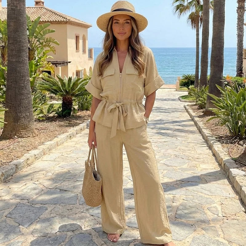 Nordspur | Summerelle Zip-Front Belted Shirt And Wide-Leg Trouser Set
