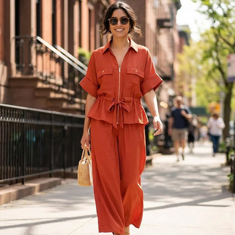 Nordspur | Summerelle Zip-Front Belted Shirt And Wide-Leg Trouser Set