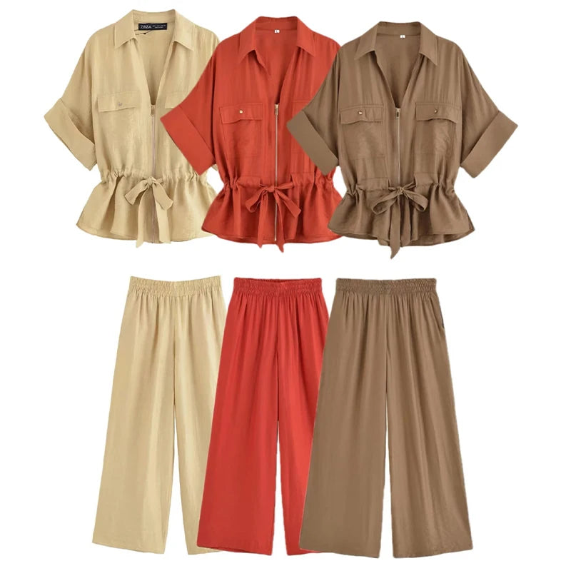 Nordspur | Summerelle Zip-Front Belted Shirt And Wide-Leg Trouser Set