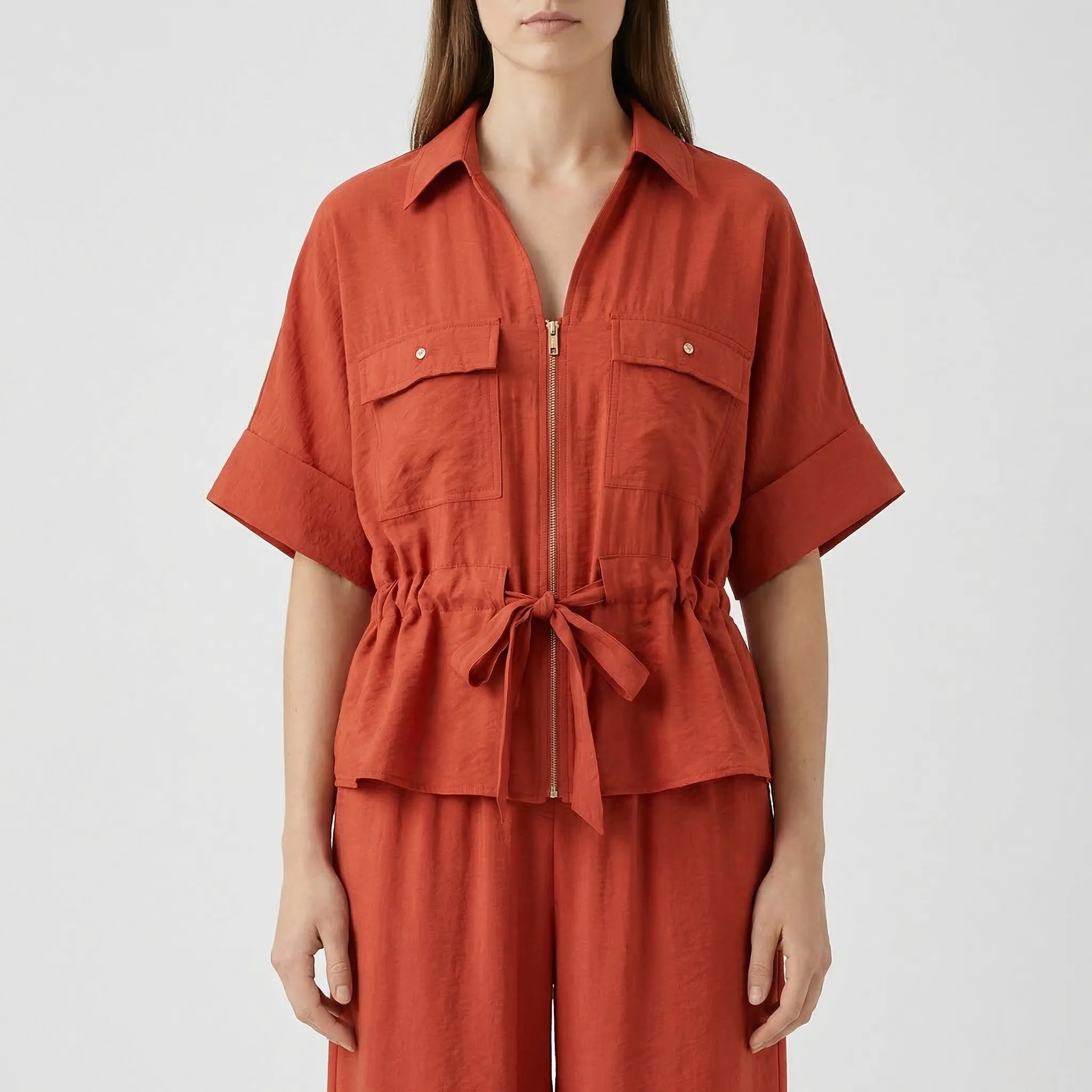 Nordspur | Summerelle Zip-Front Belted Shirt And Wide-Leg Trouser Set
