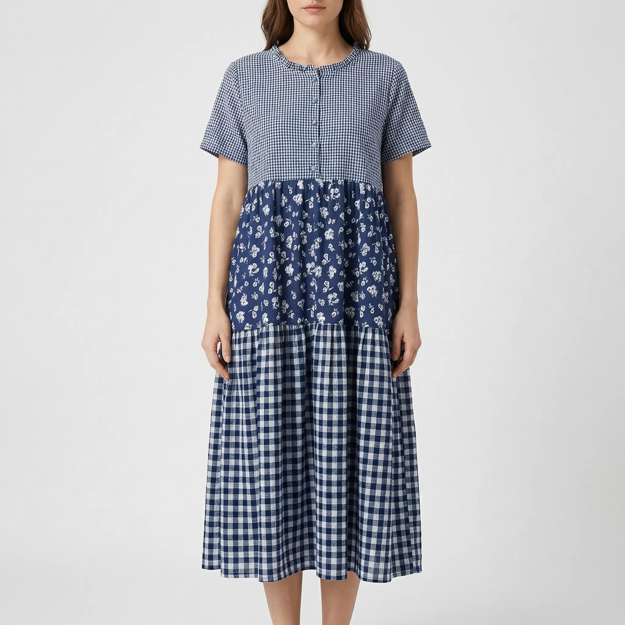 Nordspur | Tarlanelle Tiered Plaid And Floral Patchwork Midi Dress