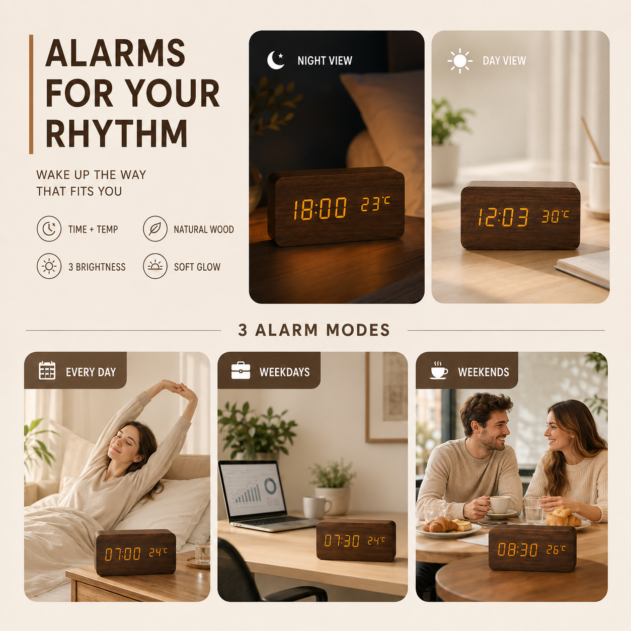 Nordspur | Timberlyte Wood Finish Digital Alarm Clock
