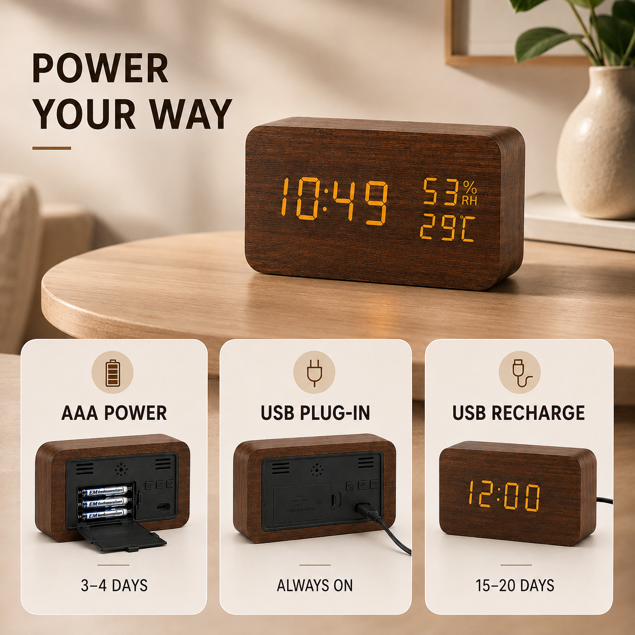Nordspur | Timberlyte Wood Finish Digital Alarm Clock