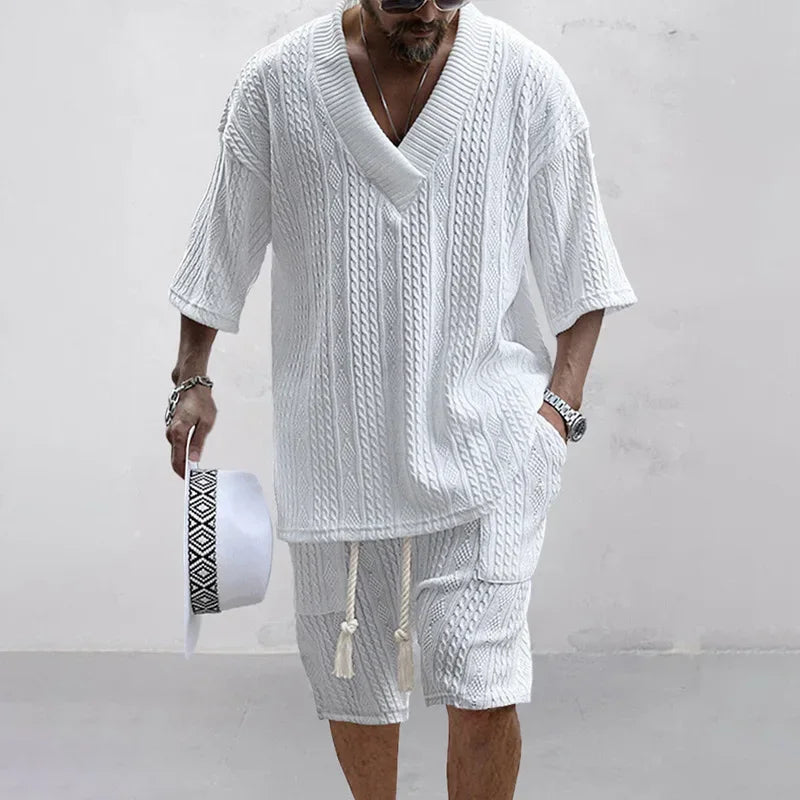 Nordspur | Twystlo Textured V-Neck Short Sleeve Two-Piece Set