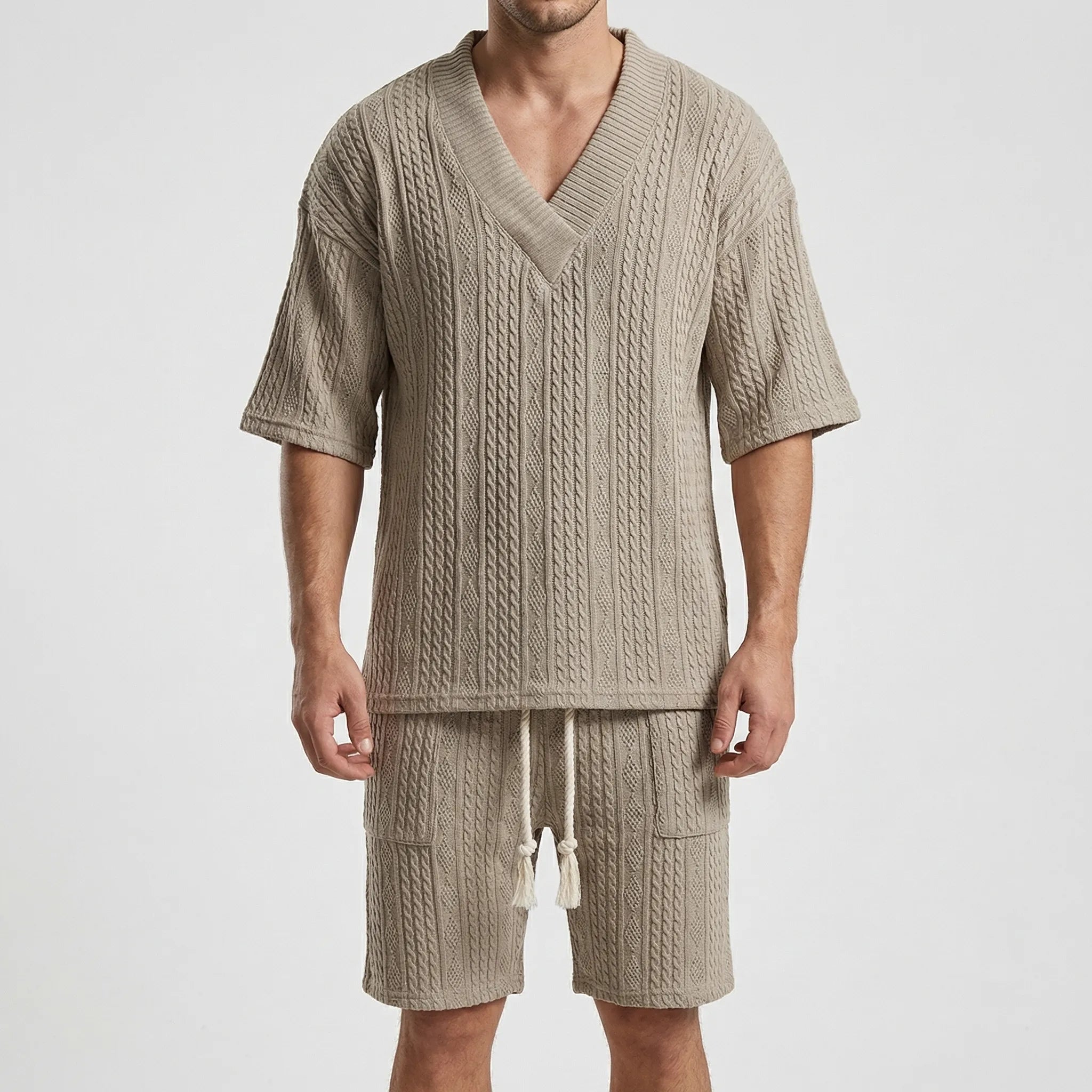 Nordspur | Twystlo Textured V-Neck Short Sleeve Two-Piece Set