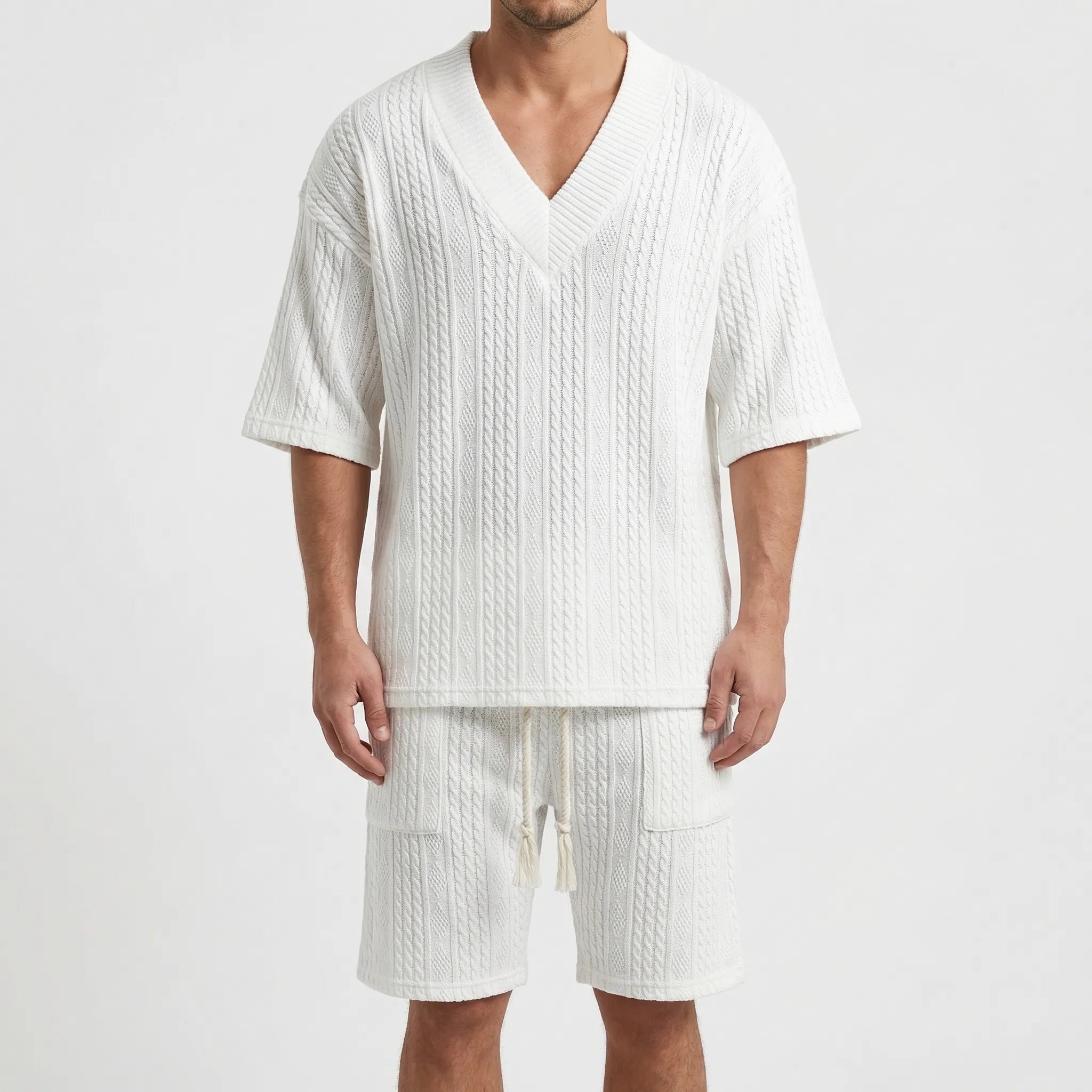 Nordspur | Twystlo Textured V-Neck Short Sleeve Two-Piece Set