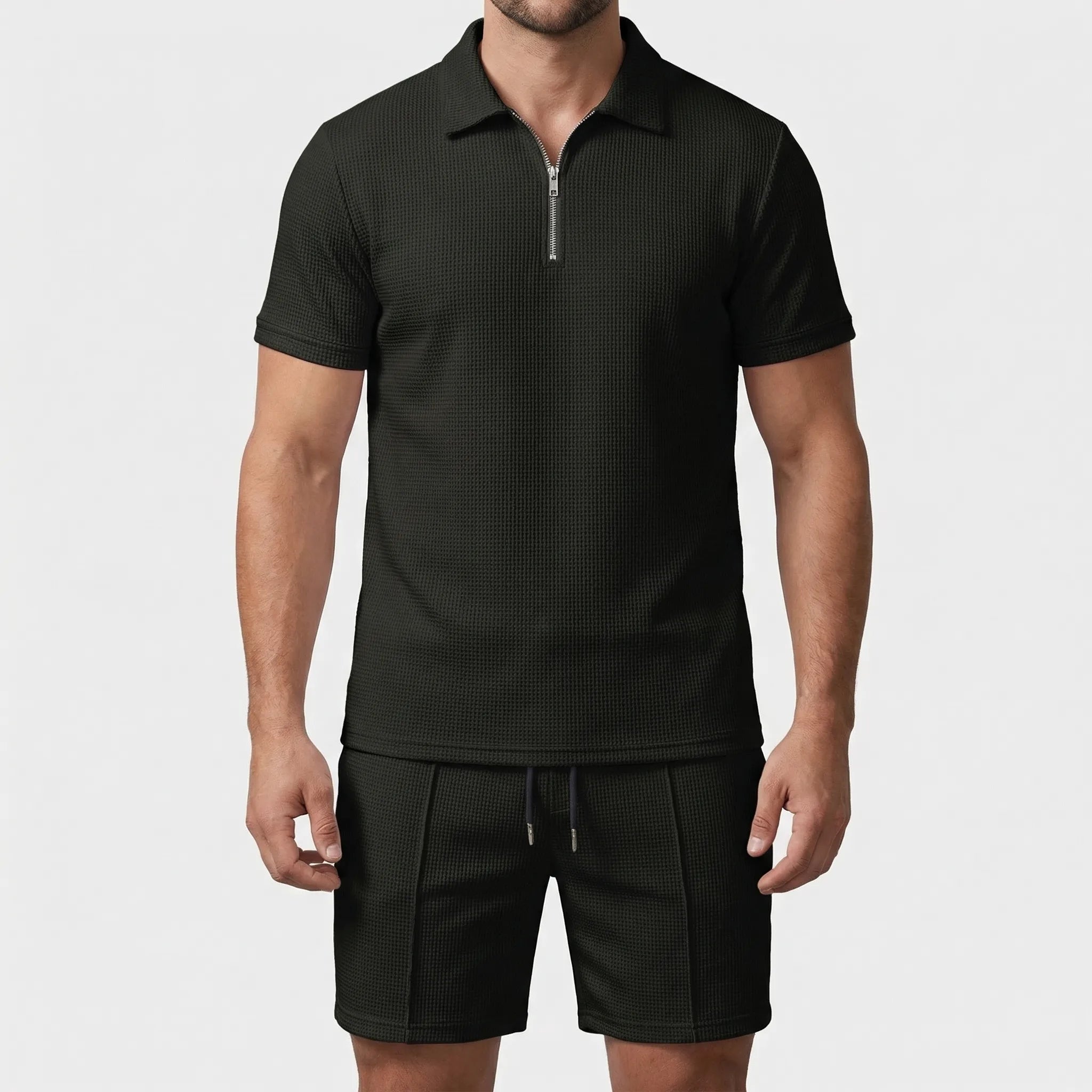 Nordspur | Wafflyn Textured Zip-Collar Polo And Shorts Set
