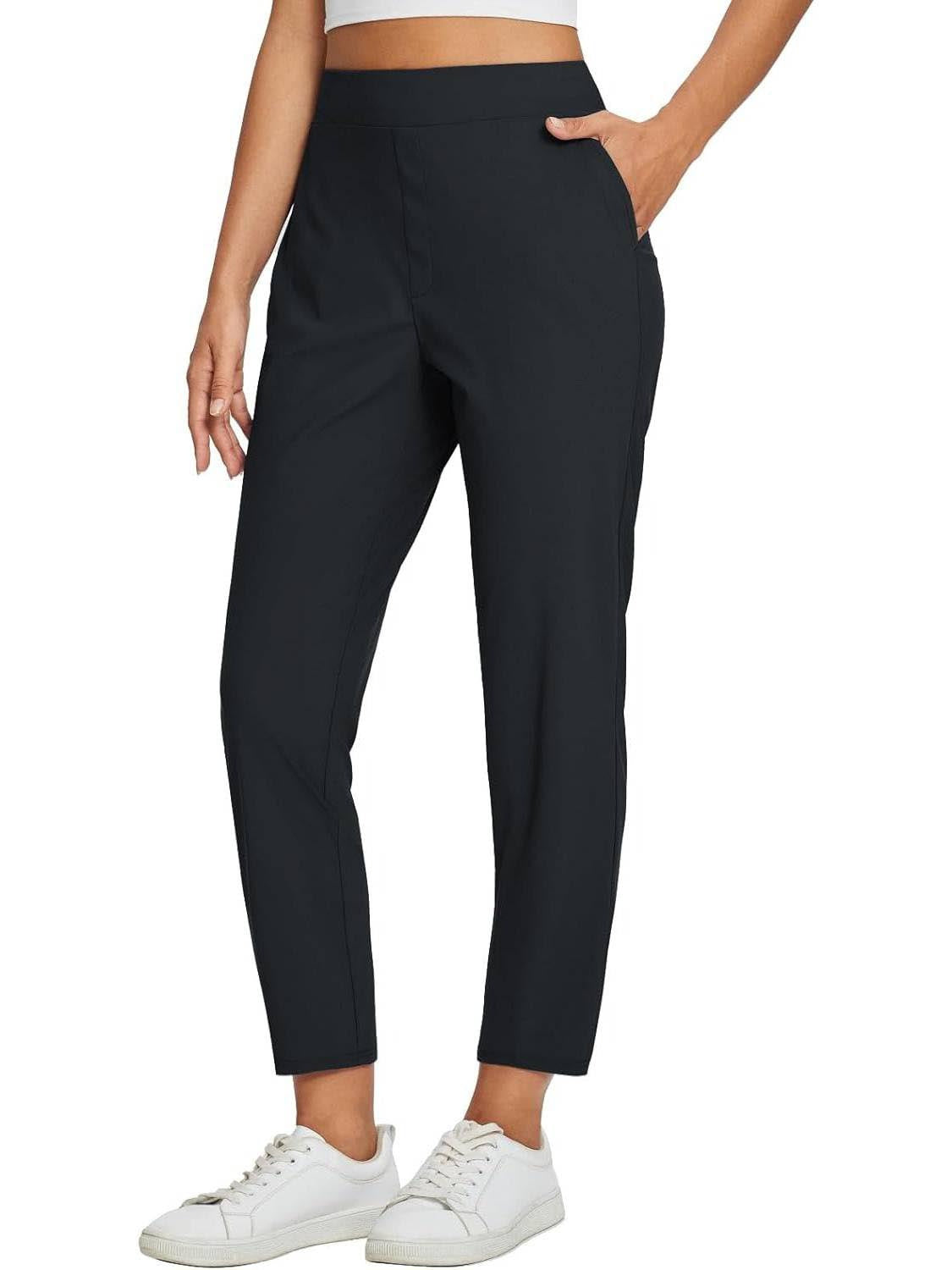 Women's Fitted High-Waisted Zip-Pocket Trousers - Lightweight, Breathable, Soft 26"/27" Ankle Pants with Zipper Pockets
