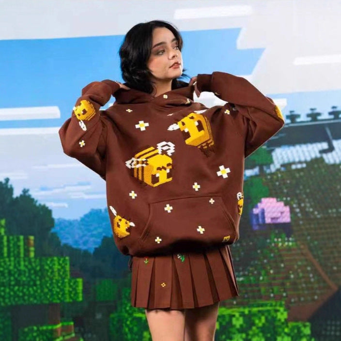 Unisex Hooded Sweatshirt with Knitted Pixel Bee Motif and Kangaroo Pocket