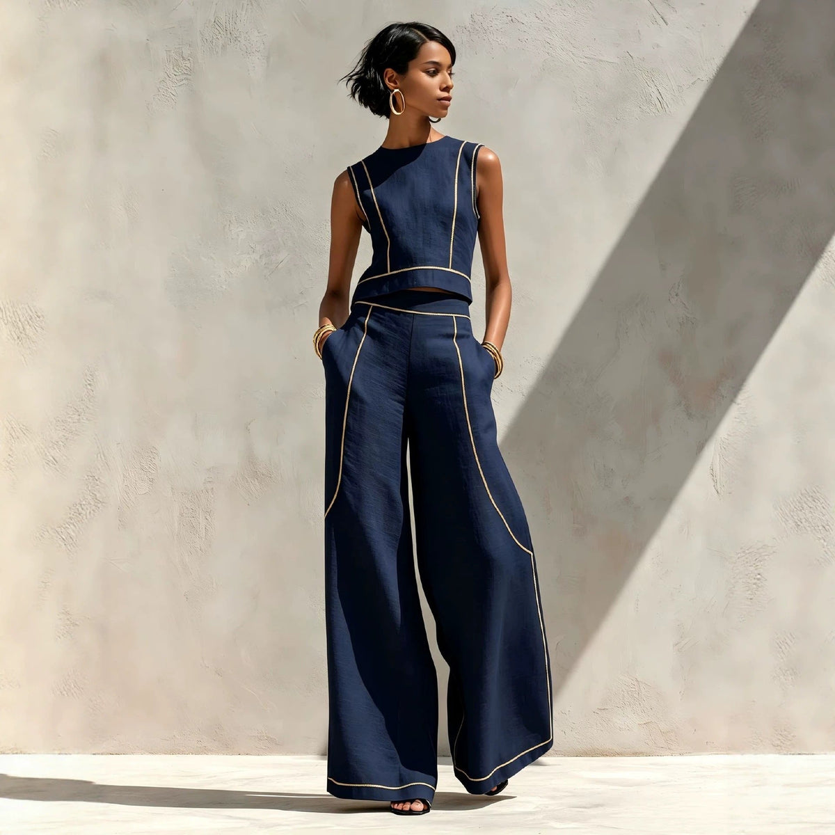 Elegant Contrast-Stitched Pants Set