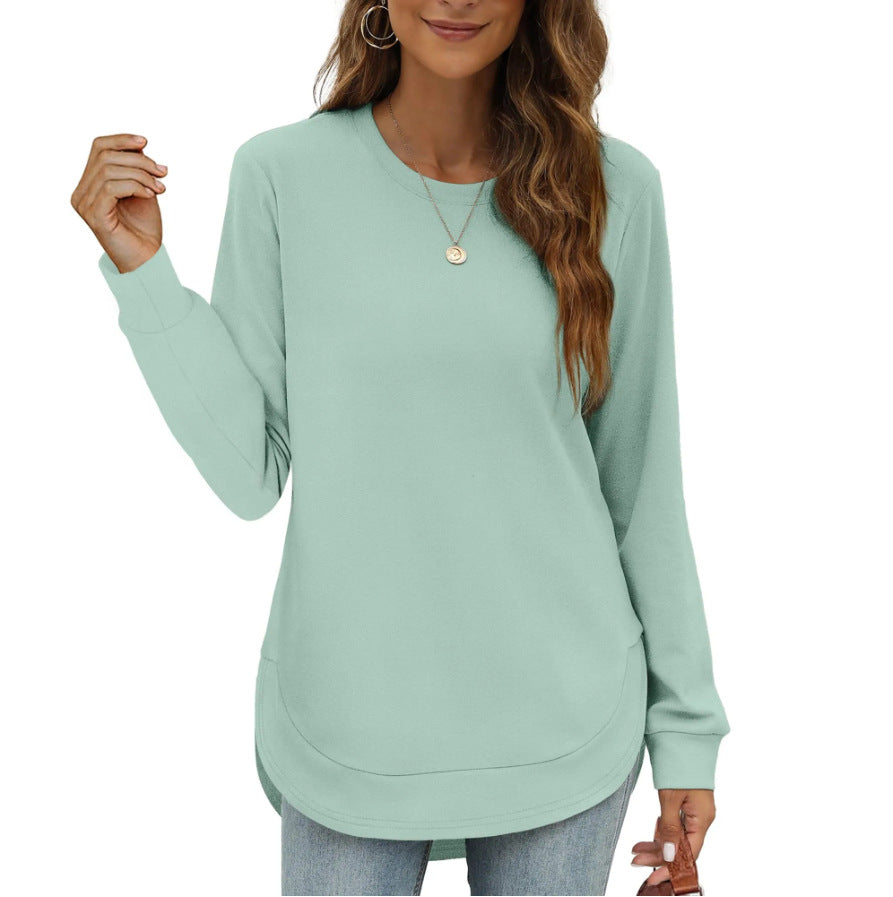 Solid Color Long Sleeve High-Low Hem Tops for Women