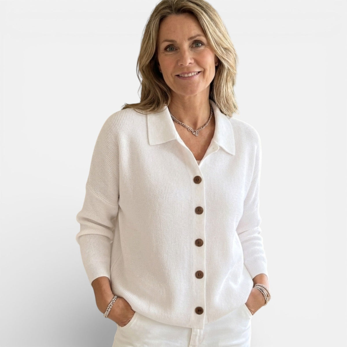 Knit Blouse with Polo Collar and Button Placket