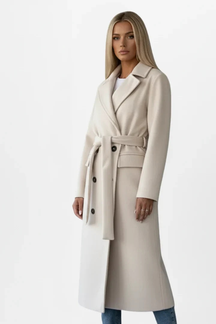 Women's Winter Coat with Belt and Double-Breasted Fastening - Elegant Long Women's Coat Ideal for Cold Days