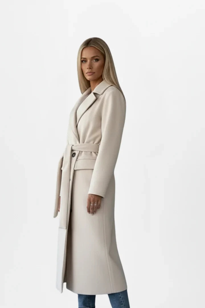 Women's Winter Coat with Belt and Double-Breasted Fastening - Elegant Long Women's Coat Ideal for Cold Days
