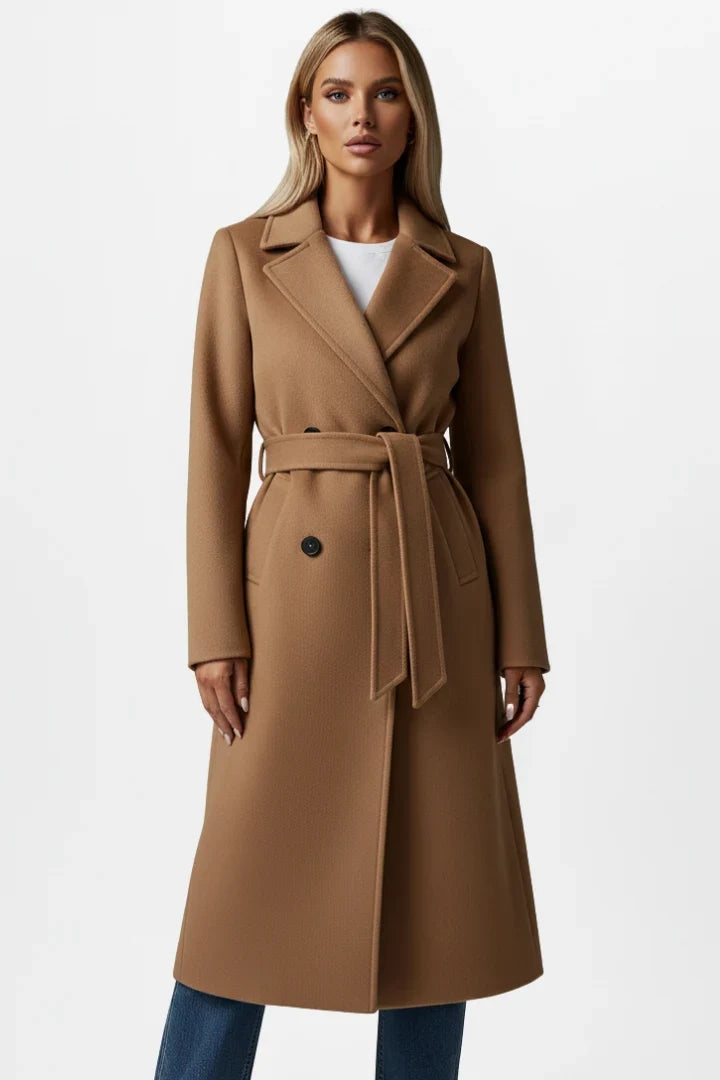 Women's Winter Coat with Belt and Double-Breasted Fastening - Elegant Long Women's Coat Ideal for Cold Days