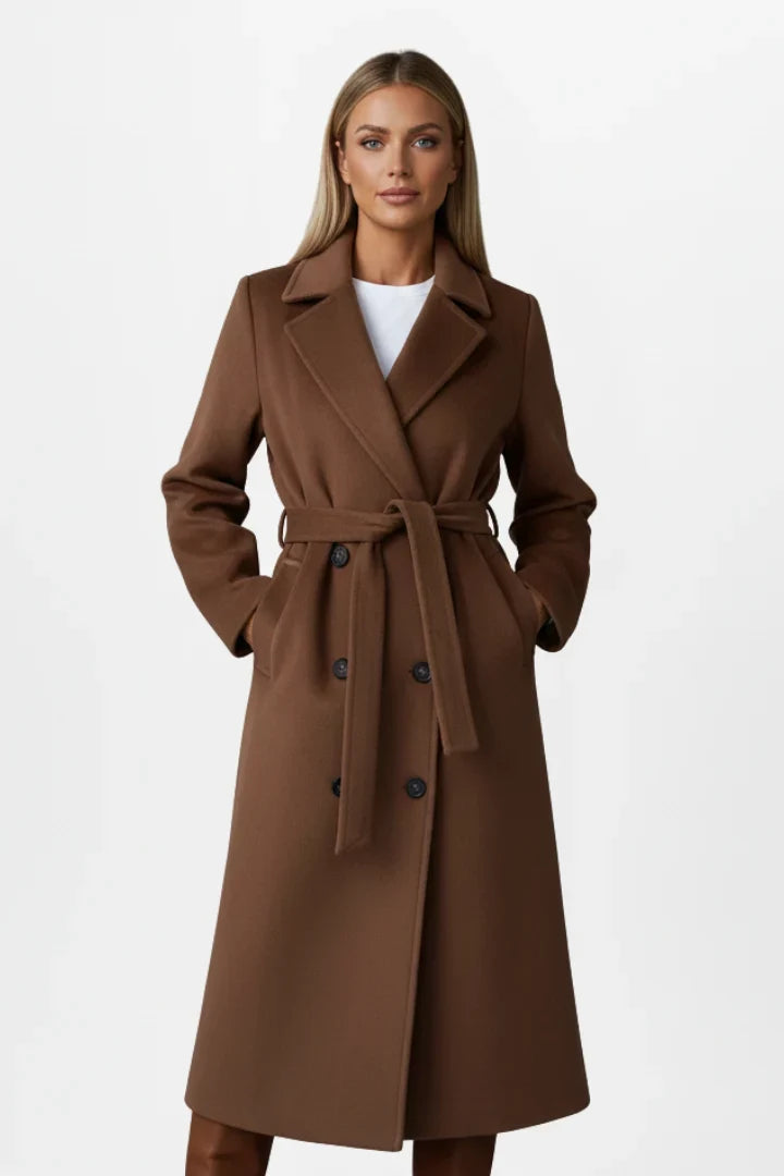 Women's Winter Coat with Belt and Double-Breasted Fastening - Elegant Long Women's Coat Ideal for Cold Days