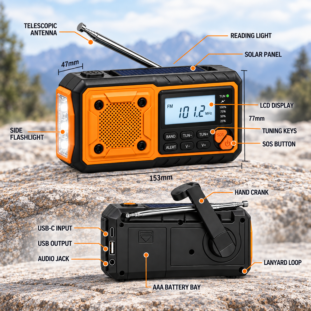 Portable Alarm Clock Crank Radio With Flashlight