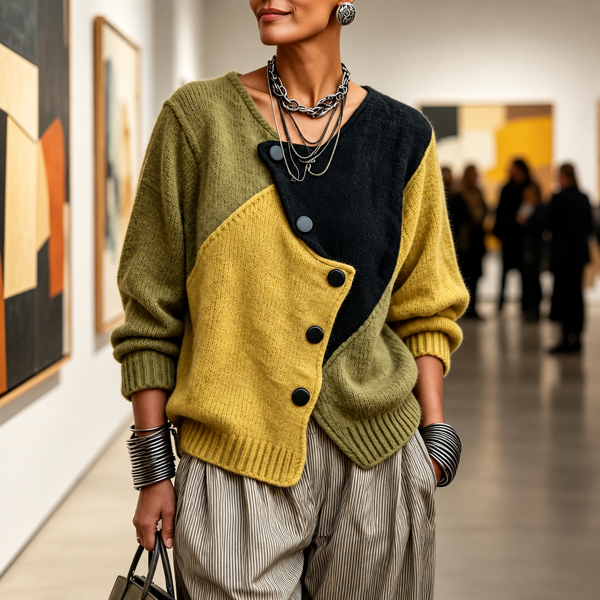 Tricolour Knit Sweater with Asymmetric Buttons