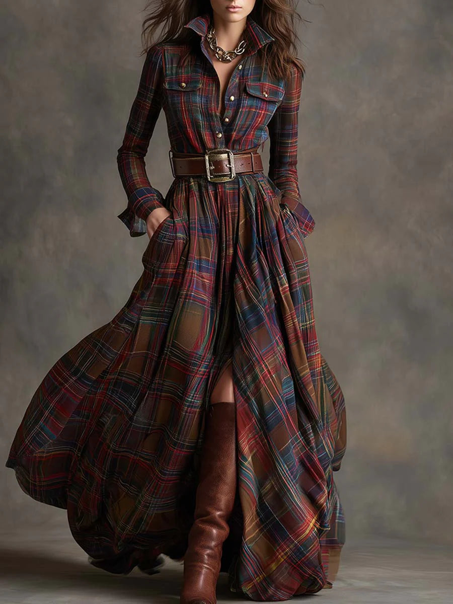 Béatrice Long Checkered Dress with Belt