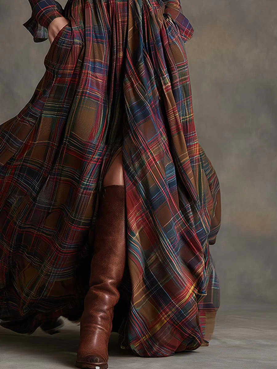 Béatrice Long Checkered Dress with Belt