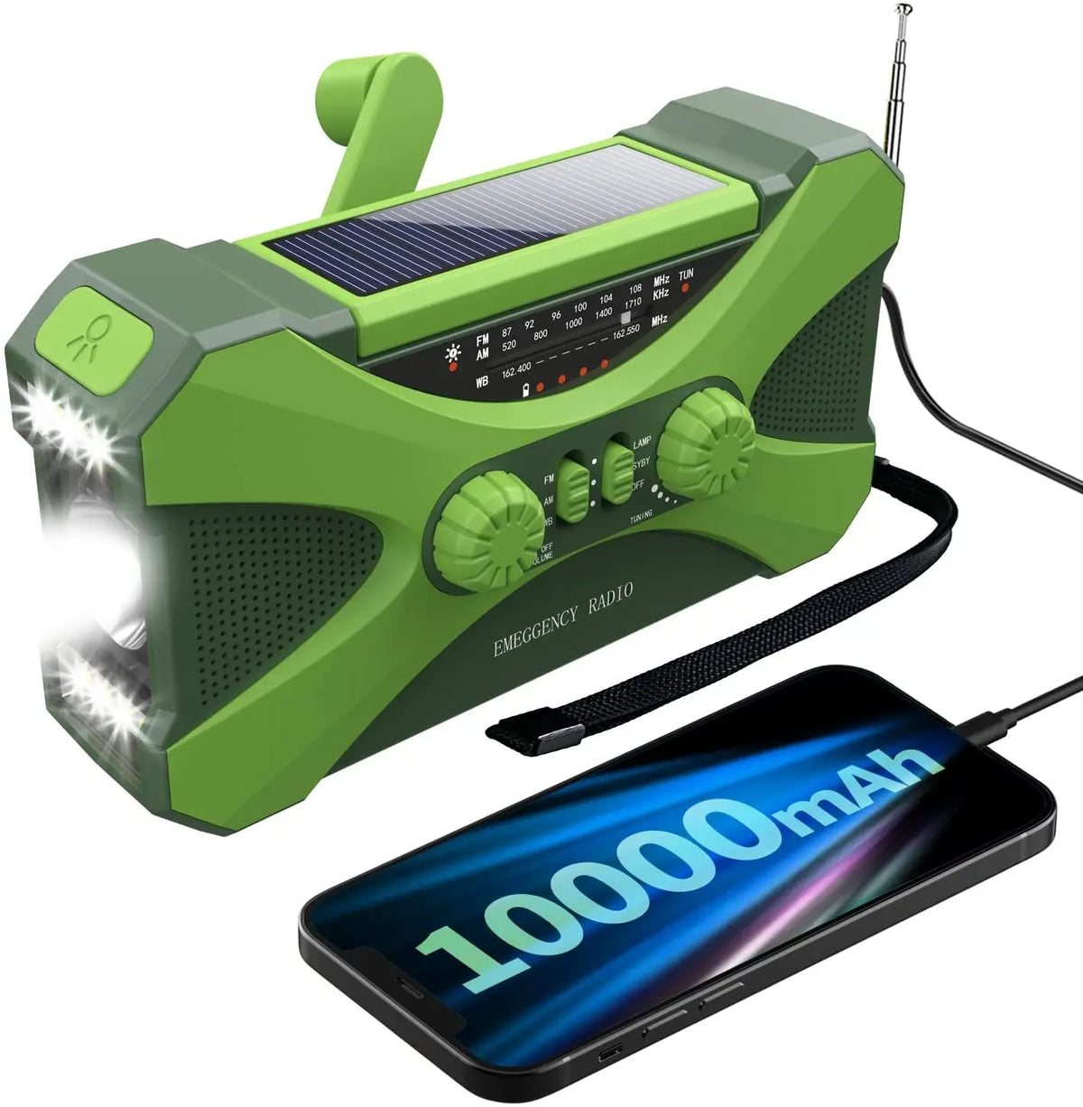 Solar Emergency Radio - Hand Crank & Solar Powered - 10,000mAh Phone Charger & Flashlight