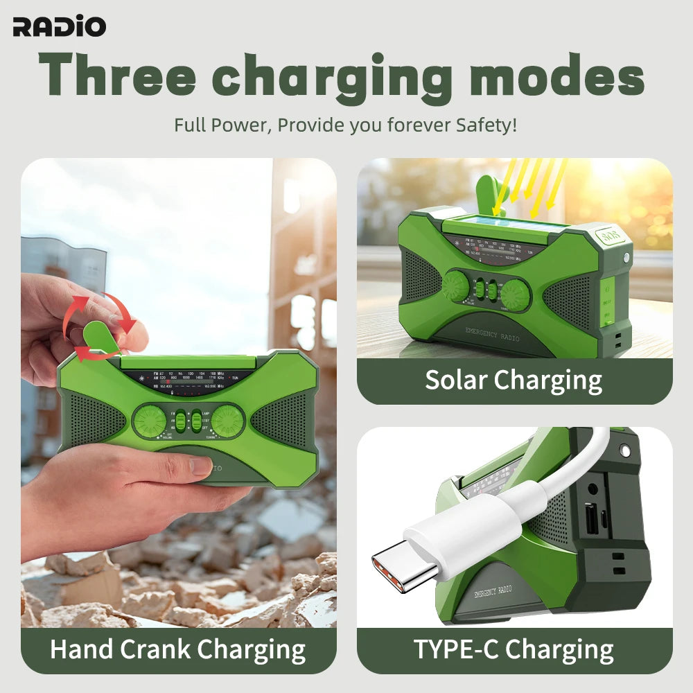 Solar Emergency Radio - Hand Crank & Solar Powered - 10,000mAh Phone Charger & Flashlight