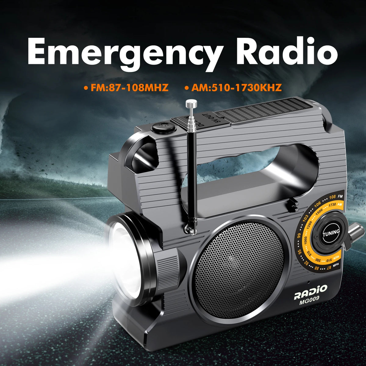 Emergency Radio - Solar & Hand Crank Powered - Loud SOS Alarm & Flashlight