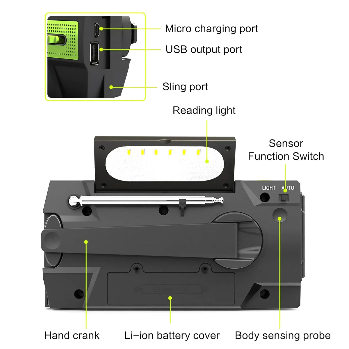 Disaster Prevention Emergency Flashlight Radio Solar Hand Crank Rechargeable Multifunctional LED Reading Light