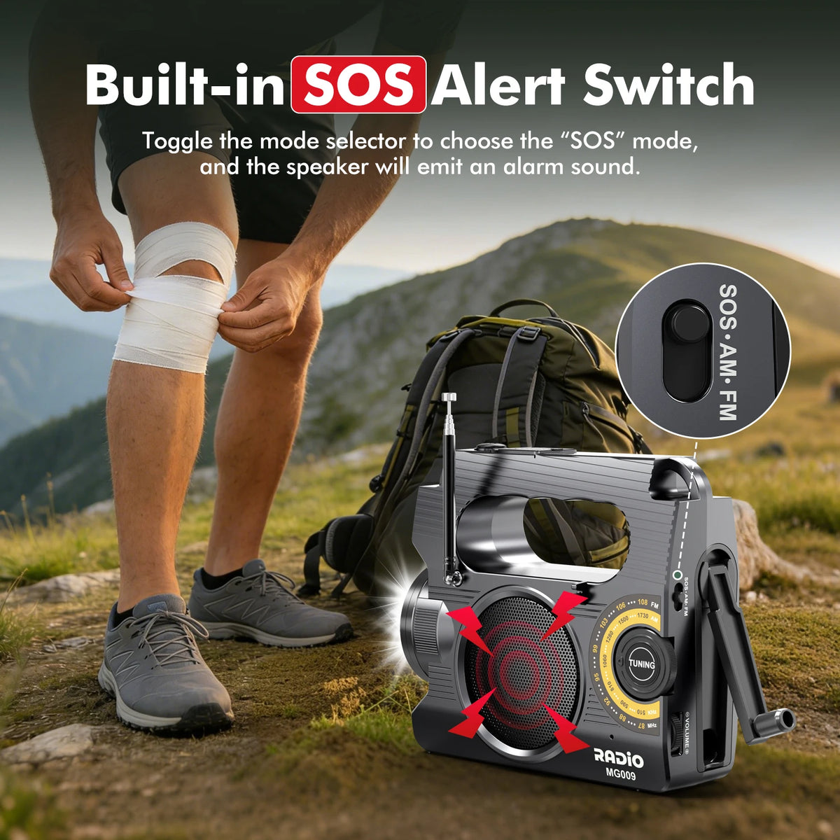 Emergency Radio - Solar & Hand Crank Powered - Loud SOS Alarm & Flashlight