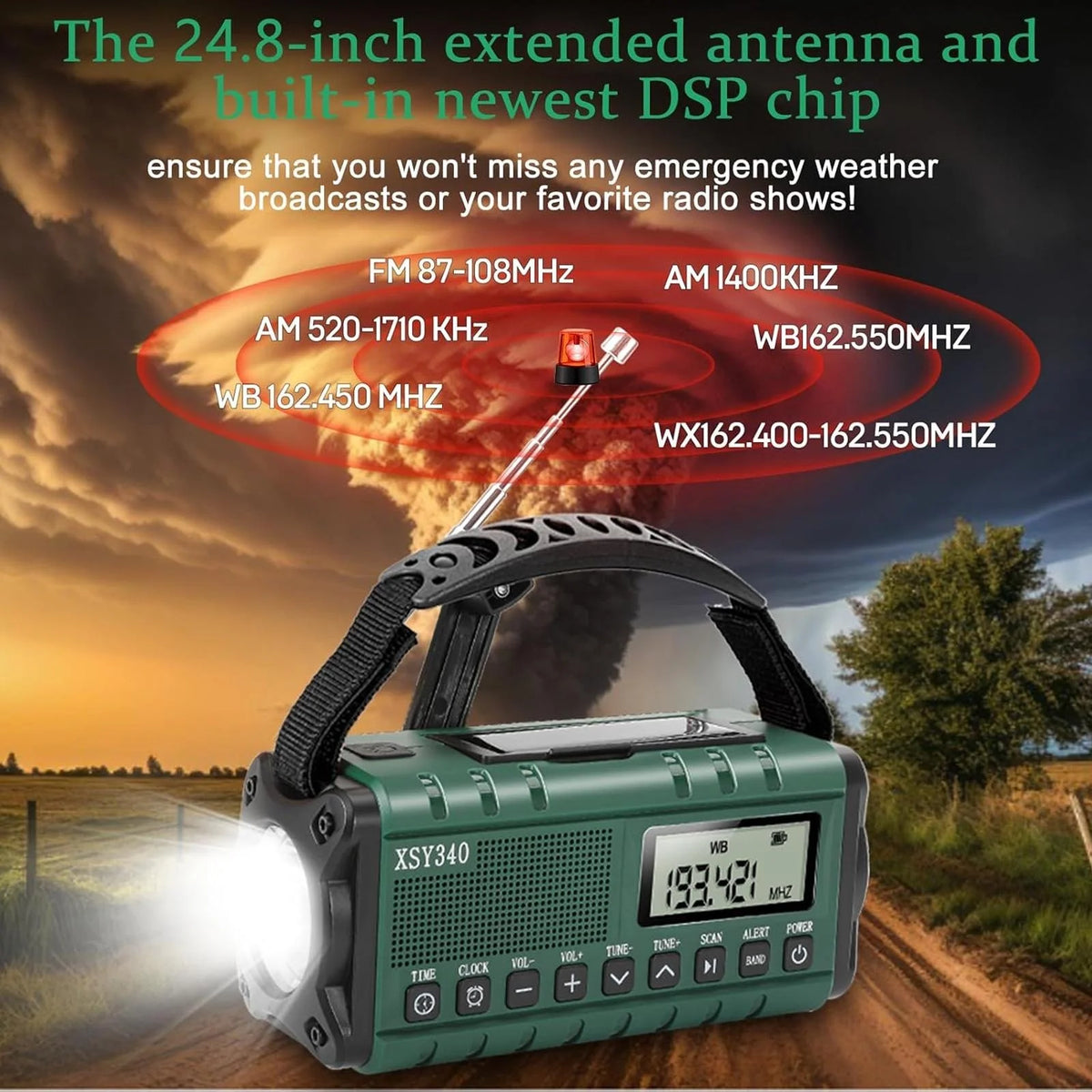 Emergency Radio - Hand Crank & Solar Powered - 10,000mAh Power Bank with LCD Clock