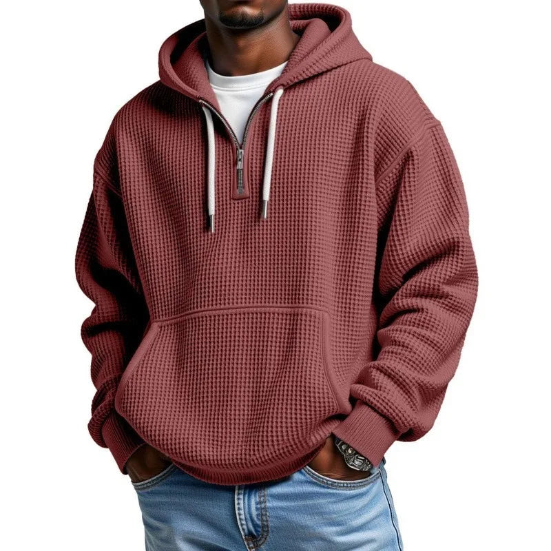 Waffle Texture Hoodie with Half Zip