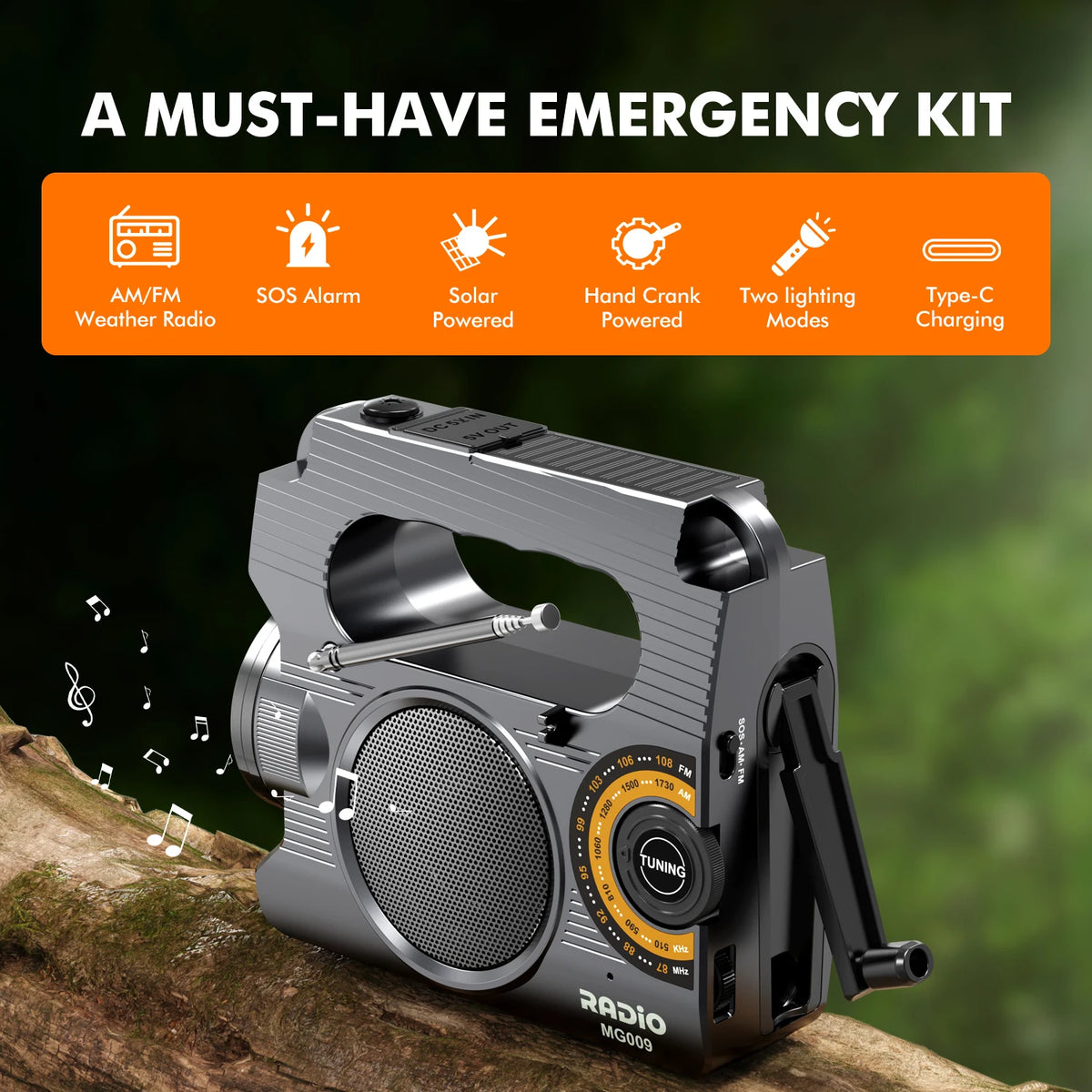 Emergency Radio - Solar & Hand Crank Powered - Loud SOS Alarm & Flashlight