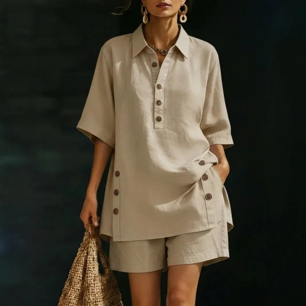Velena Cotton Linen Set with Shirt Collar and Side Button Detail