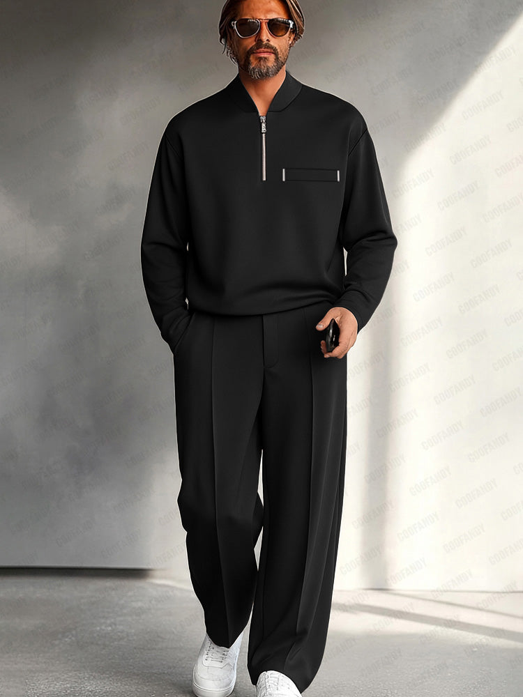 Men's Half-Zip Two-Piece Set – Relaxed Long-Sleeve Top and Wide-Leg Trousers for Smart Casual Wear