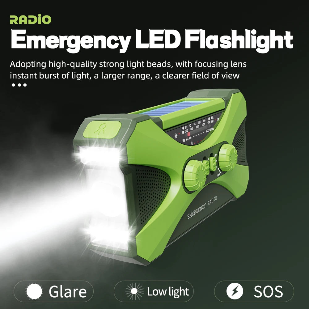 Solar Emergency Radio - Hand Crank & Solar Powered - 10,000mAh Phone Charger & Flashlight