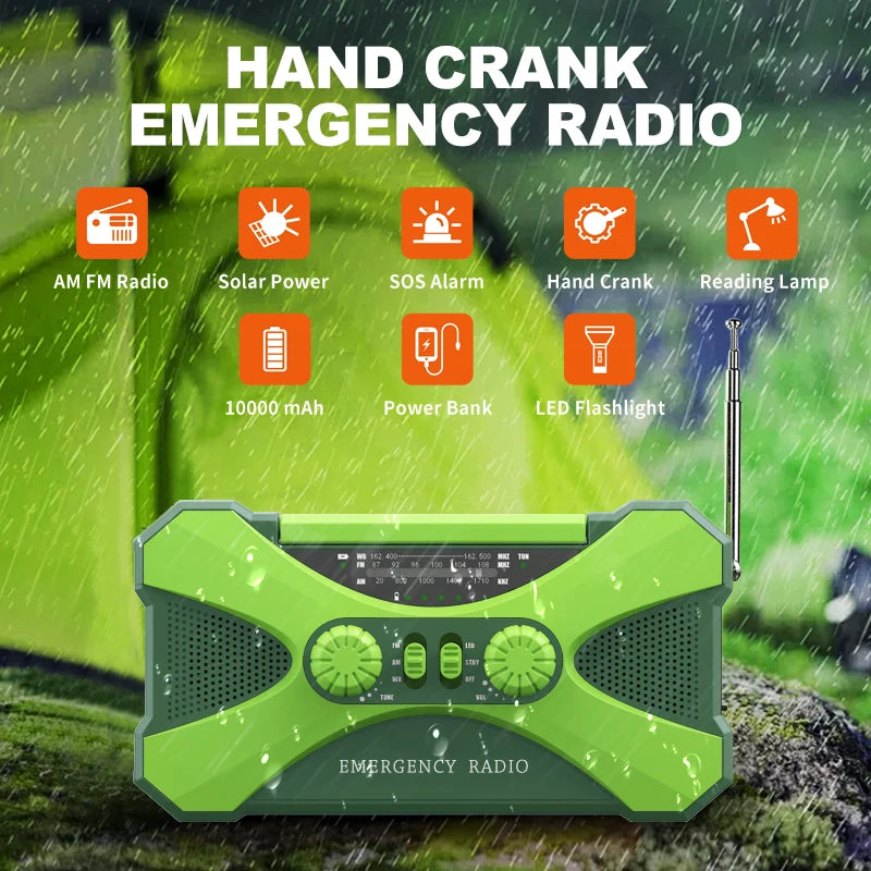 Solar Emergency Radio - Hand Crank & Solar Powered - 10,000mAh Phone Charger & Flashlight