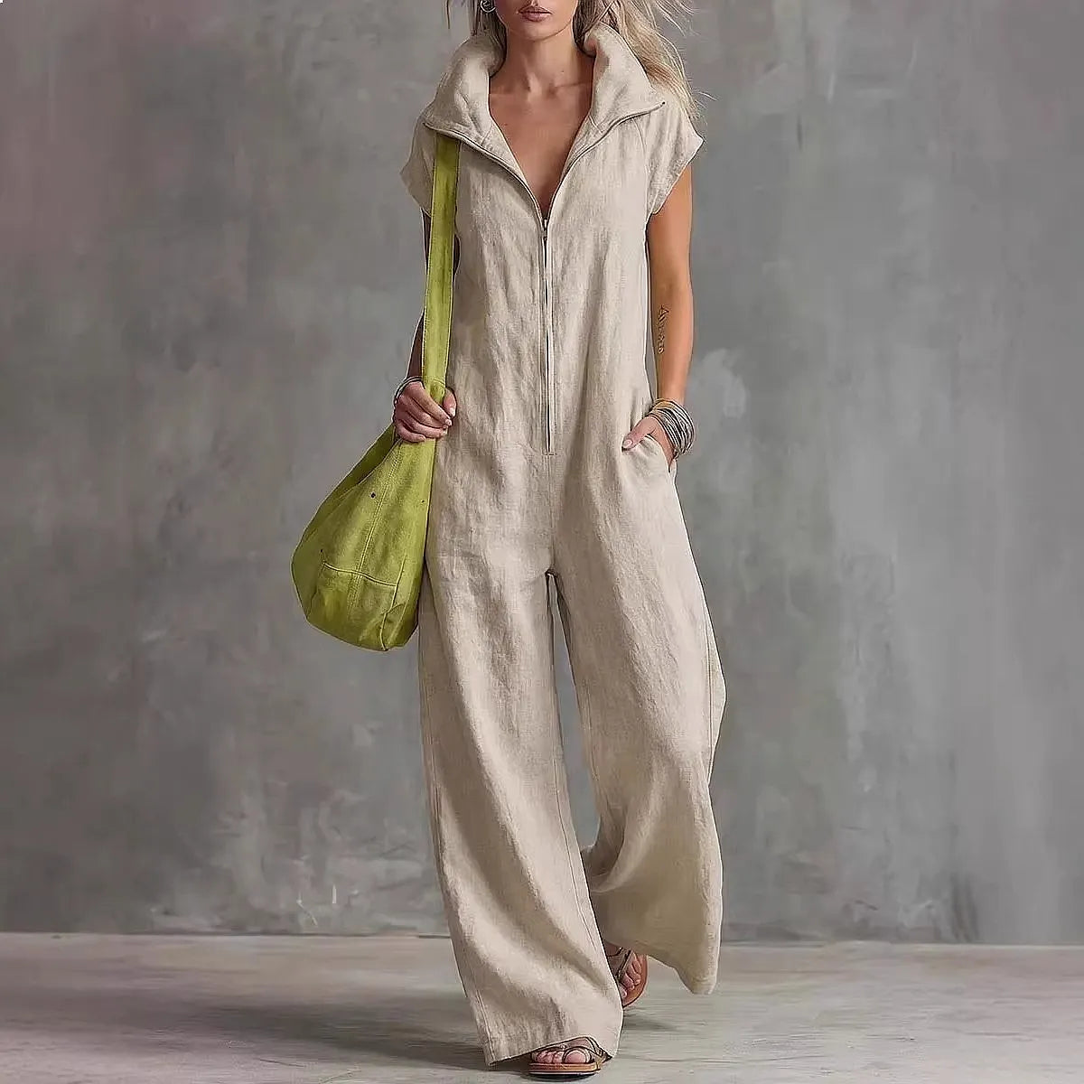 Cotton Linen Jumpsuit with Front Zipper and High Collar