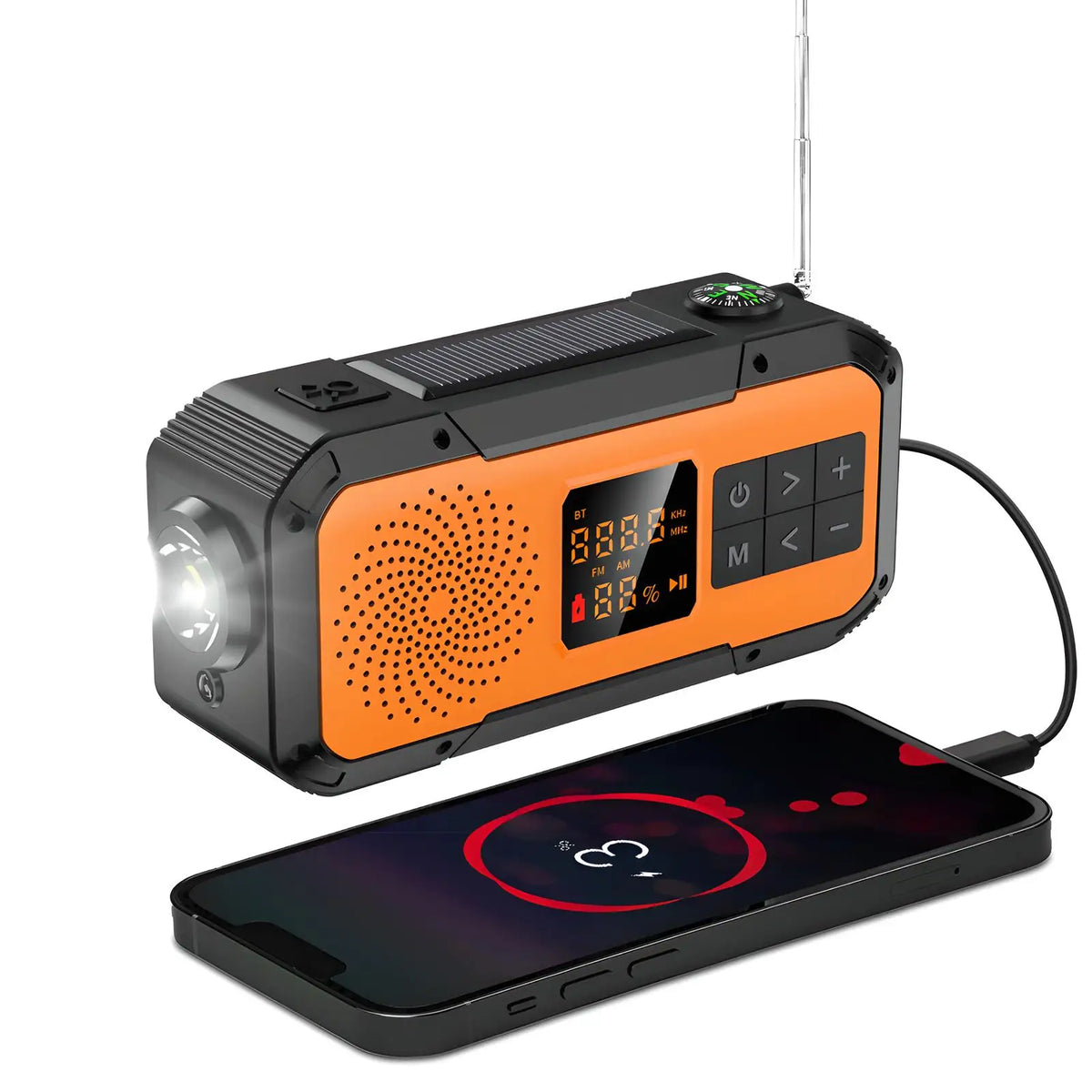 Compact Emergency Radio - Solar Powered with Bluetooth - 2,000mAh & Flashlight