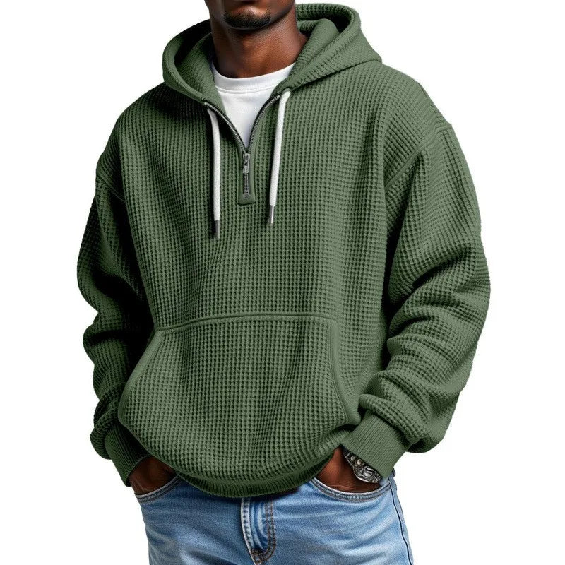 Waffle Texture Hoodie with Half Zip