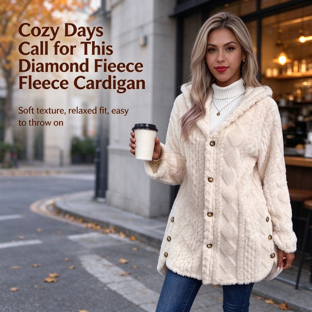 Women's Hooded Double-Sided Fleece Cardigan Long Sleeve Casual Warm Outerwear