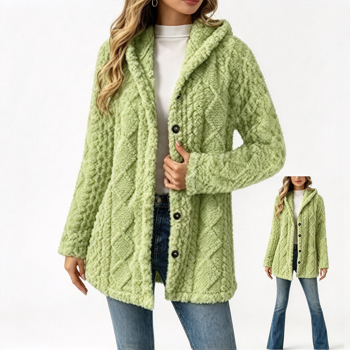 Women's Hooded Double-Sided Fleece Cardigan Long Sleeve Casual Warm Outerwear