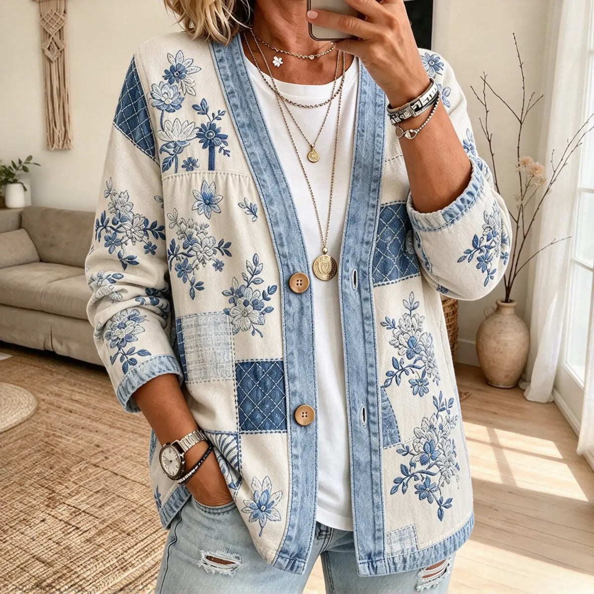 Collarless Soft Denim-Look Button-Down Cardigan