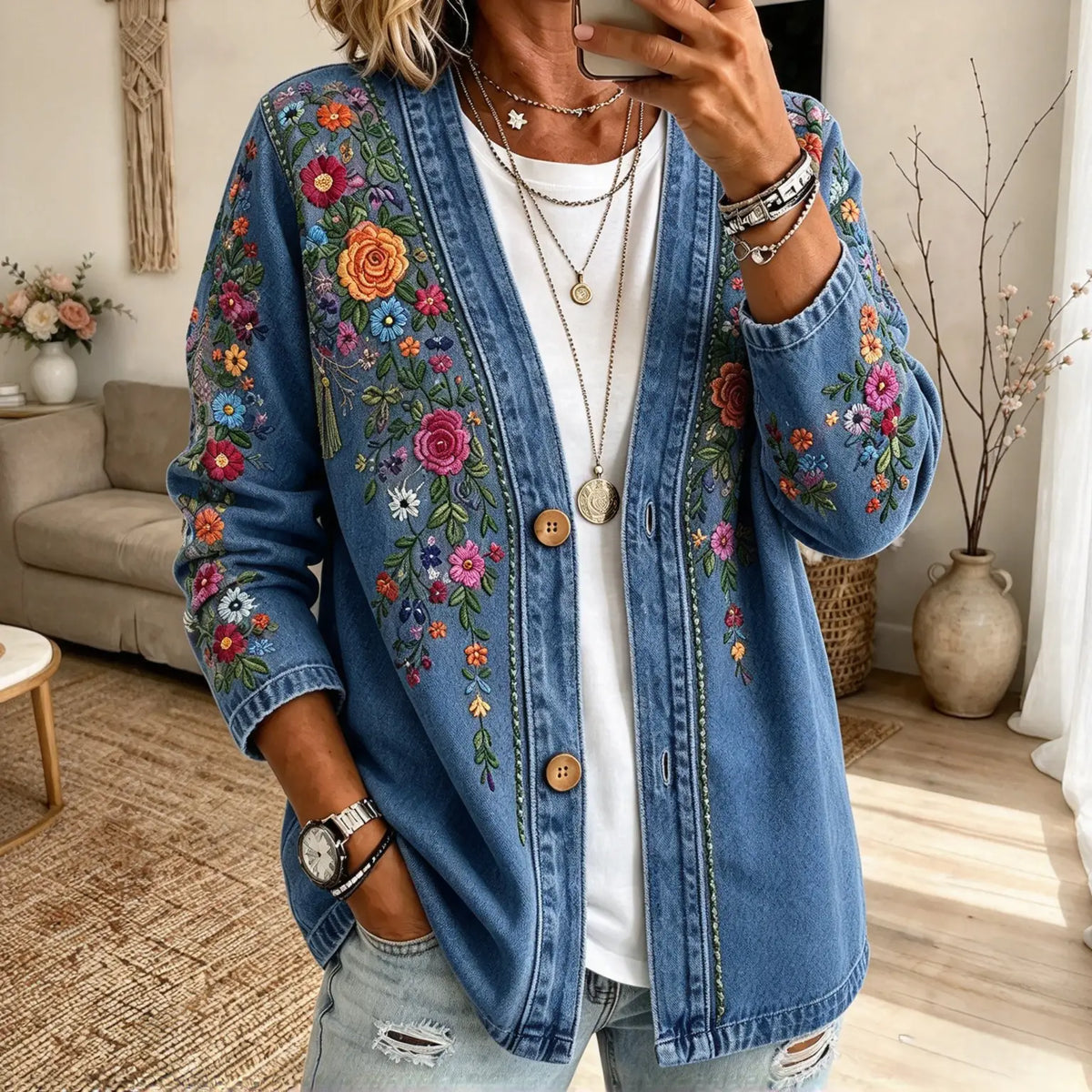 Collarless Soft Denim-Look Button-Down Cardigan