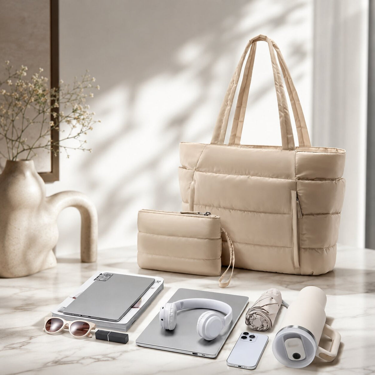 Veskira | Puffer Tote Bag with Side Pockets for Travel Days