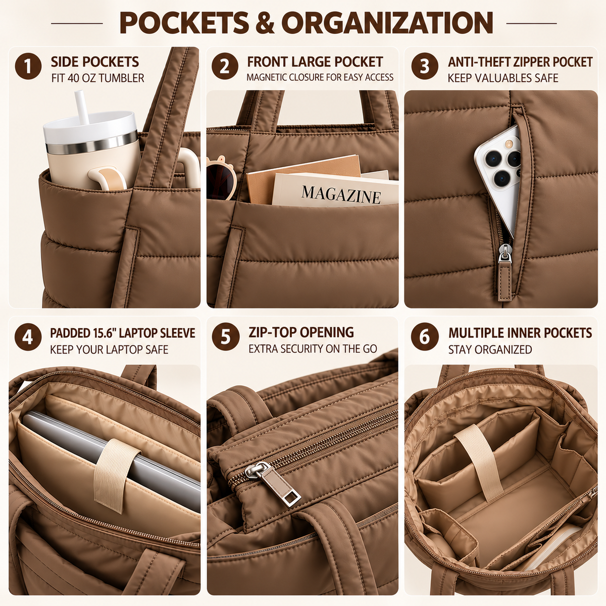 Veskira | Puffer Tote Bag with Side Pockets for Travel Days