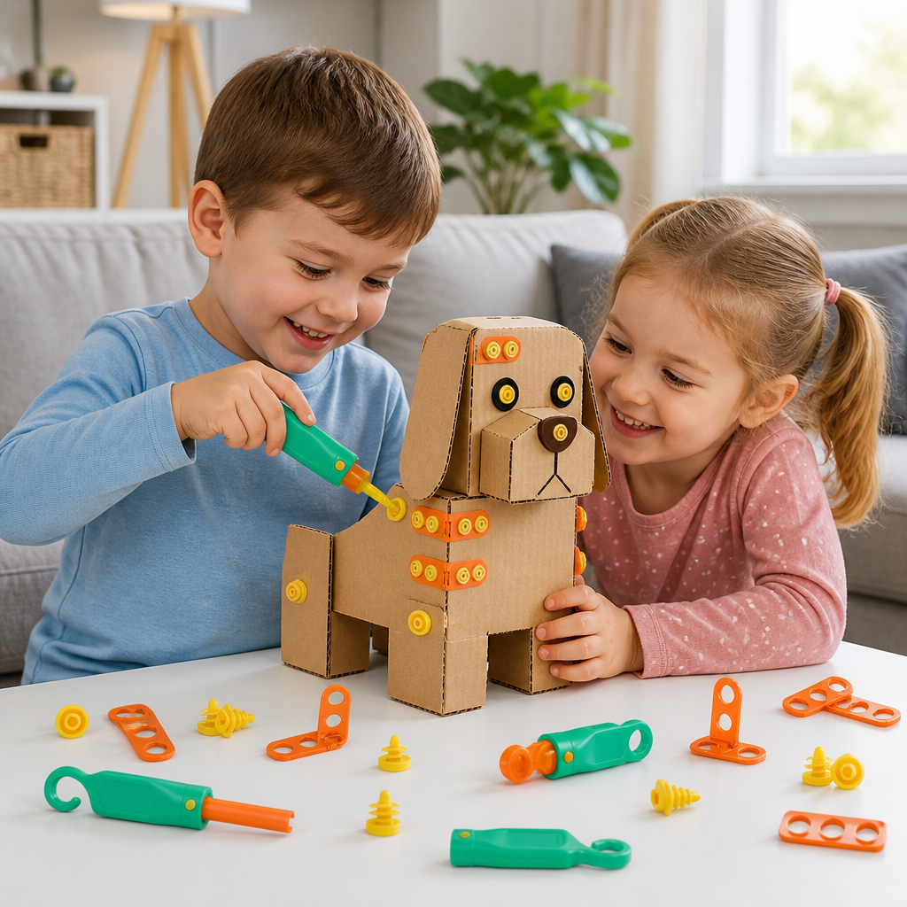 Safe 100-Piece STEM Construction Set Made of Cardboard with Tool Set for Children