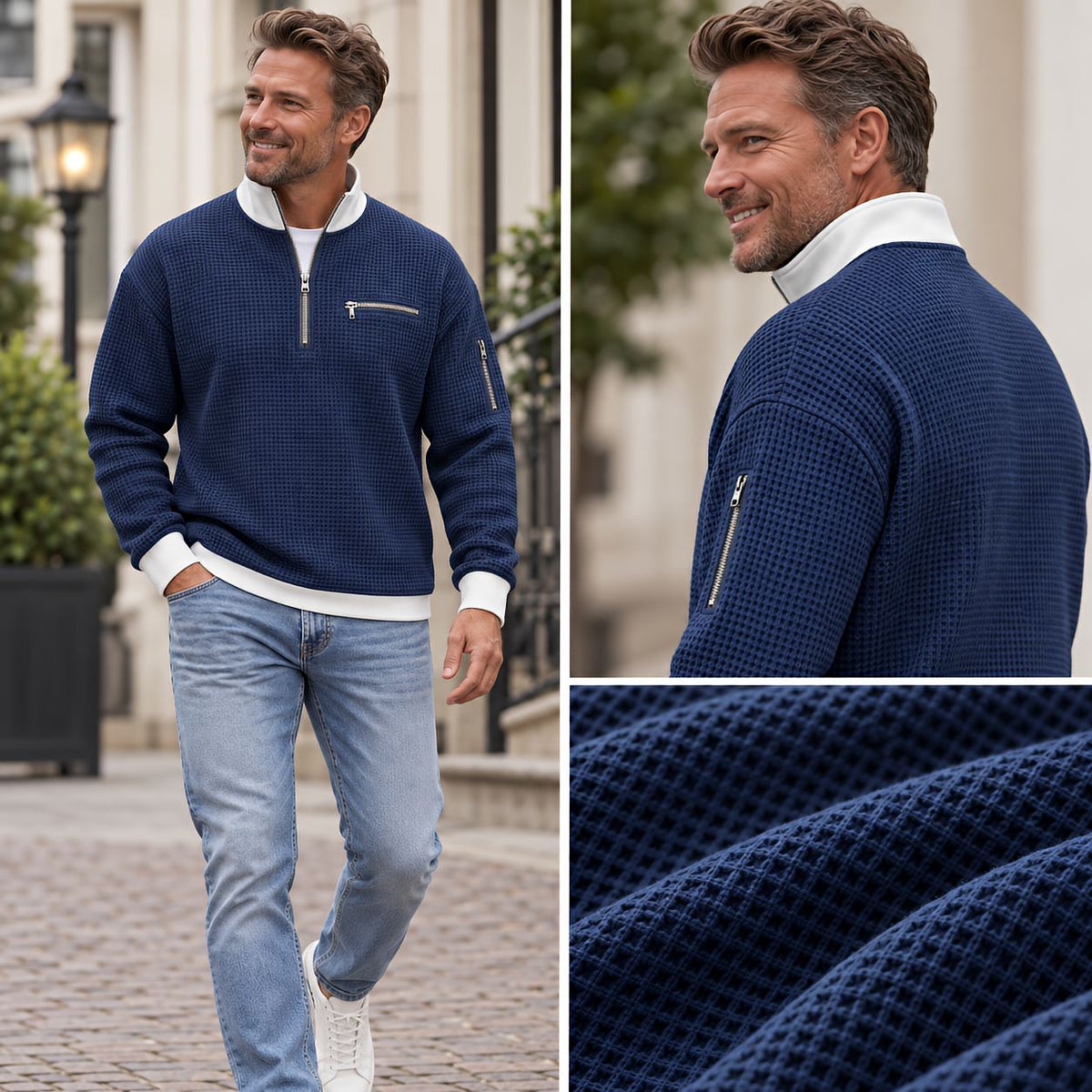 Men's Sweater | Waffle Knit Sweater with Half Zip
